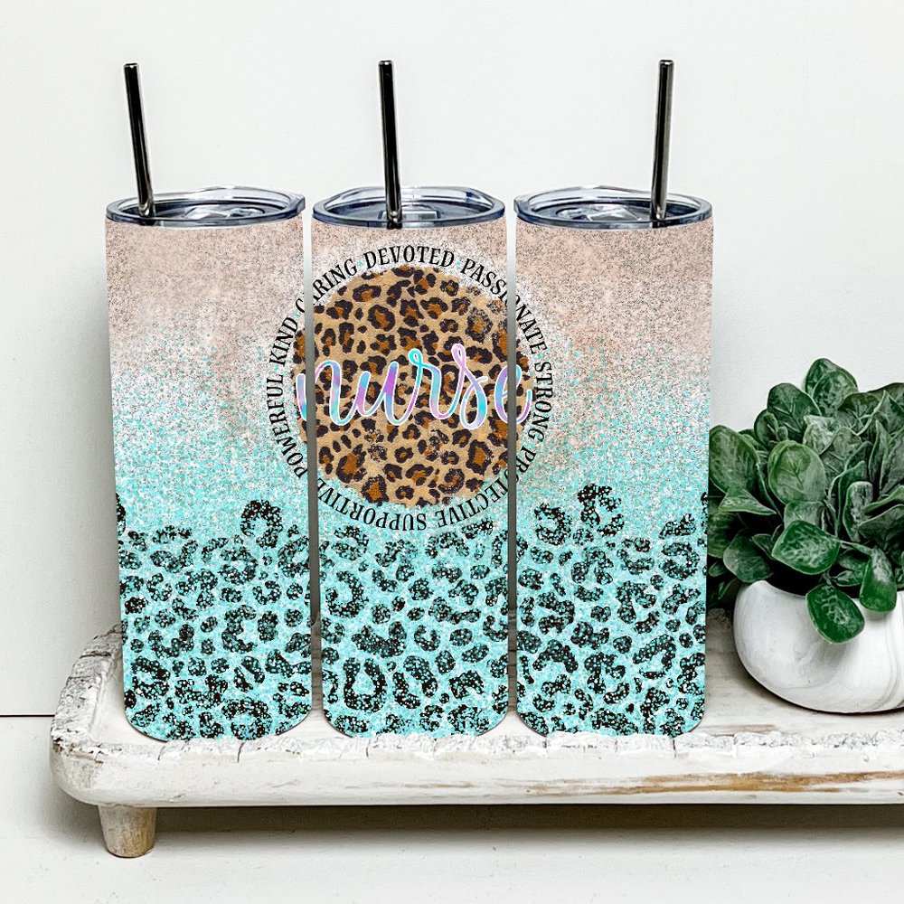 Nurse Leopard Faux Glitter 20oz Tumbler With Metal Straw - Picture 2 of 2